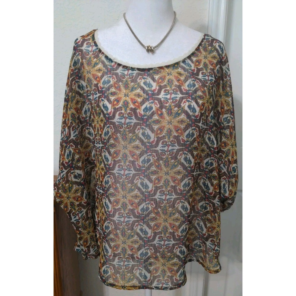 Mimi Chica Womens Size Large Summer Multi Color Sheer Floral Blouse